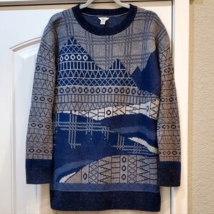 Woolrich Vintage Mountain-Scape Lambswool Tunic Sweater, Gray/Blue, Wm Med. EUC